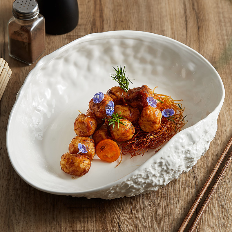 Rock pattern shell top-grade dinner plate, household ceramics, luxury large steamed fish soup hotel tableware tray.