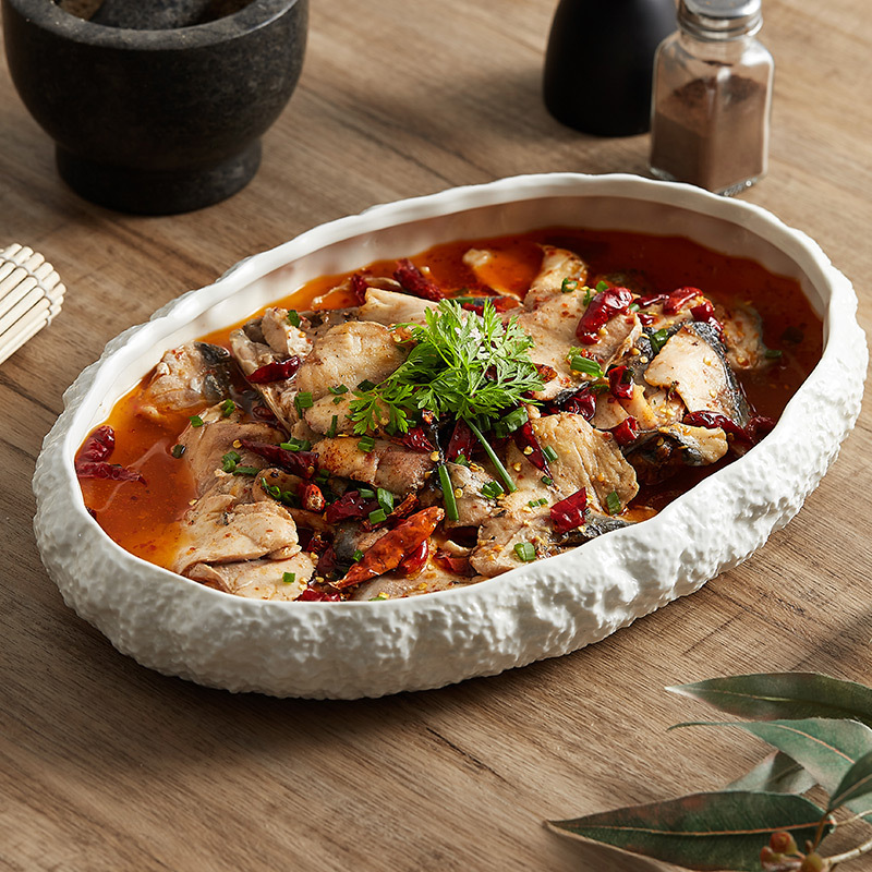 Large Rock Pattern Deep Steaming Fish Plate for Home Use, Ceramic Hotel and Club Lobster Sashimi Seafood Platter Tableware, Light Luxury Style
