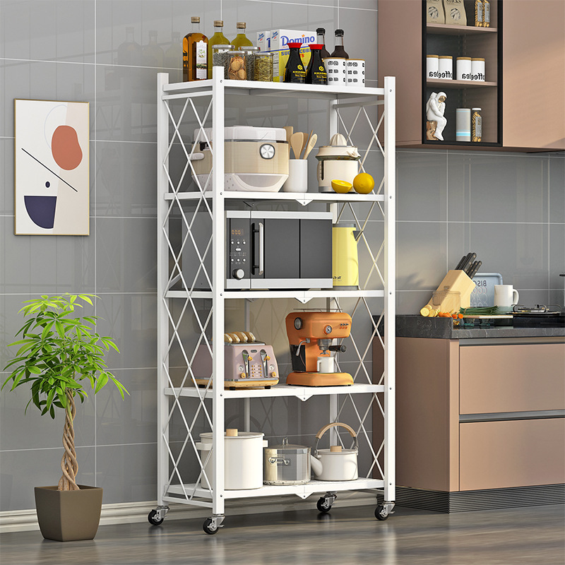 Folding Storage Rack with Wheels, No Installation Needed, Small Cart Storage Rack, Household Movable Multi-Layer Floor Display Rack, Camping