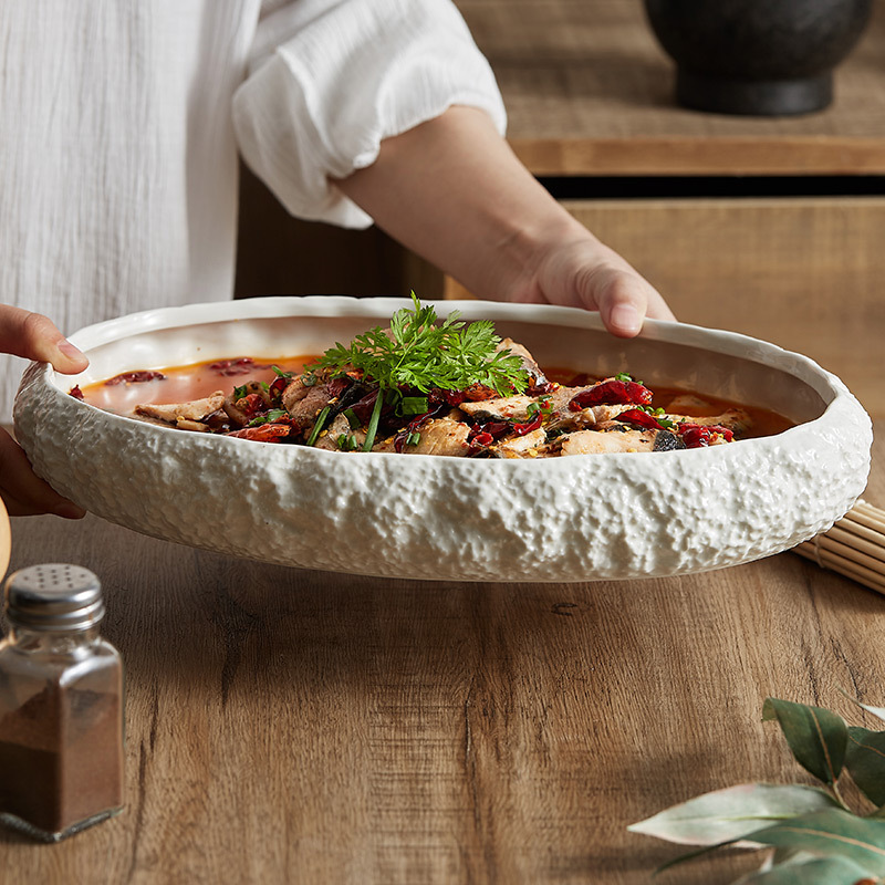 Large Rock Pattern Deep Steaming Fish Plate for Home Use, Ceramic Hotel and Club Lobster Sashimi Seafood Platter Tableware, Light Luxury Style